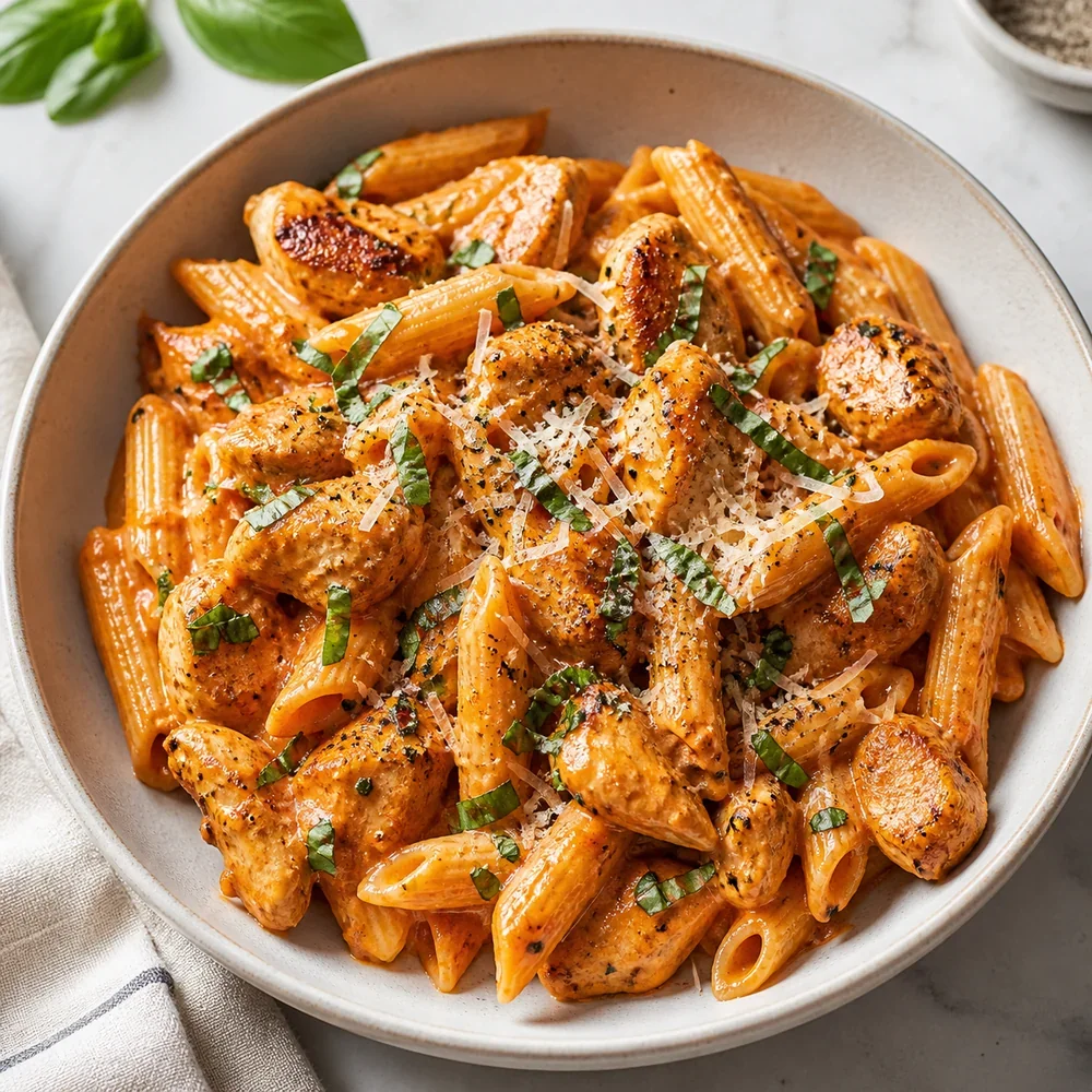 Creamy roasted red pepper pasta with chicken, Parmesan, and basil