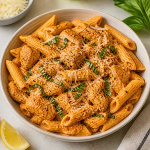 Finished red pepper chicken pasta with basil, lemon, and Parmesan