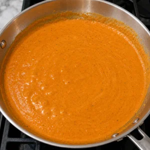 Roasted red pepper cream sauce simmering in a skillet