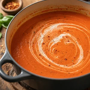 Panna mescolata in una zuppa liscia di pomodoro e basilico