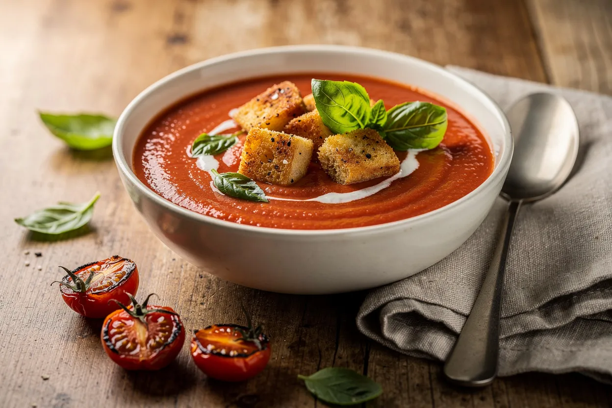 Creamy Roasted Tomato Basil Soup with Garlic Croutons