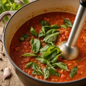 Basilico fresco aggiunto alla zuppa di pomodoro prima di frullare