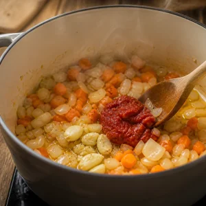 Cipolla, carota, aglio e concentrato di pomodoro in pentola