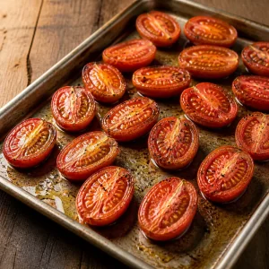 Pomodori tagliati a metà arrostiti su una teglia