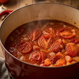 Pomodori arrostiti che sobbollono con brodo in pentola