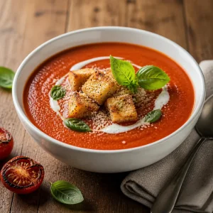 Zuppa di pomodoro e basilico con crostini, panna e basilico