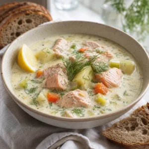 Bowl of creamy salmon and dill soup with lemon and crusty bread