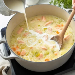 Cream stirred into salmon soup with potatoes, carrots and leeks