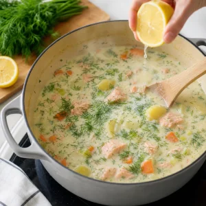 Fresh dill and lemon juice stirred into creamy salmon soup