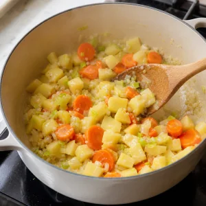 Potatoes and carrots stirred into garlic, onions and leeks in the pot