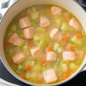 Salmon chunks gently poaching with potatoes, carrots and leeks