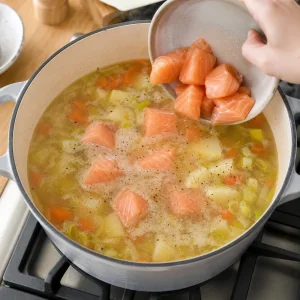 Salmon pieces gently added to the simmering vegetable broth