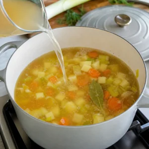 Stock poured over potatoes, carrots, leeks and a bay leaf for salmon soup