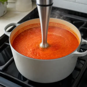 An immersion blender purees the simmered tomato soup until smooth.