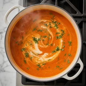 Cream and chopped basil swirled into smooth tomato soup.