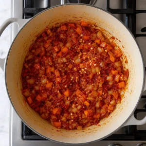 Garlic and tomato paste stirred into softened onion and carrot.