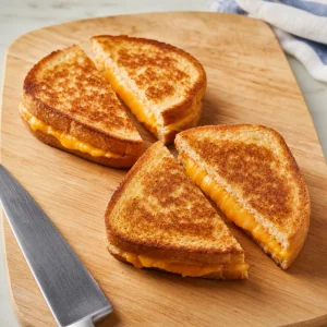 Golden grilled cheese sandwiches sliced diagonally into triangles.