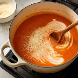 Cream and grated Parmesan stirred into smooth tomato soup