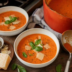 Creamy tomato Parmesan soup ladled into bowls with basil garnish