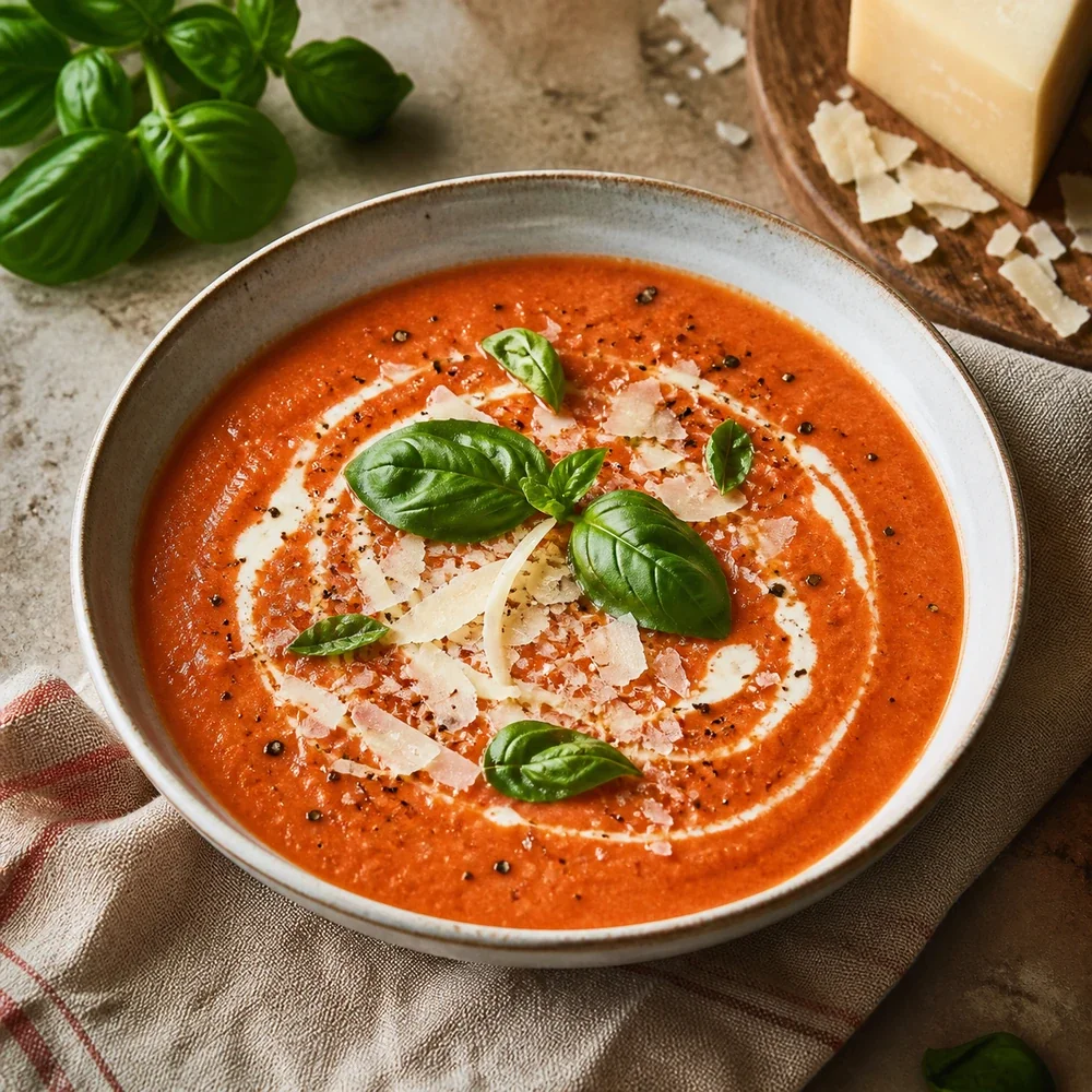 Sopa Cremosa de Tomate e Parmesão com Manjericão Fresco