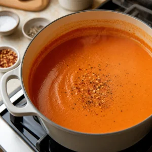 Creamy tomato soup seasoned with black pepper and red pepper flakes