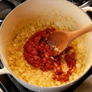 Garlic and tomato paste stirred into softened onions for tomato soup