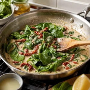 Baby spinach folded into creamy sauce with sun-dried tomatoes
