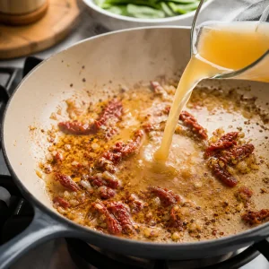 Broth deglazing the skillet with sun-dried tomatoes and browned bits