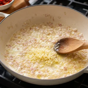 Chopped shallot and minced garlic cooking in butter and olive oil