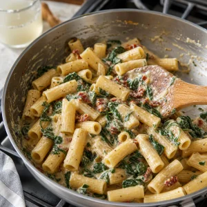 Cooked pasta tossed with creamy sauce, spinach, and sun-dried tomatoes