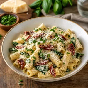 Finished creamy Tuscan pasta topped with Parmesan and parsley