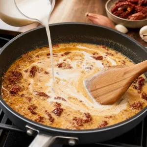 Heavy cream stirred into the tomato broth sauce as it thickens