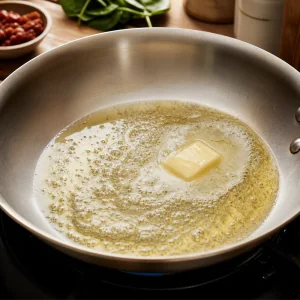 Olive oil and butter melting and foaming in a skillet