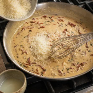 Parmesan whisked into the creamy Tuscan sauce until smooth