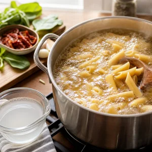 Pasta boiling in salted water with reserved pasta water nearby