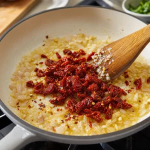 Sun-dried tomatoes and red pepper flakes stirred into the aromatics