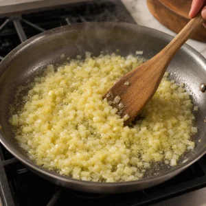 Cipolla tritata che si ammorbidisce in olio d'oliva e burro in padella.
