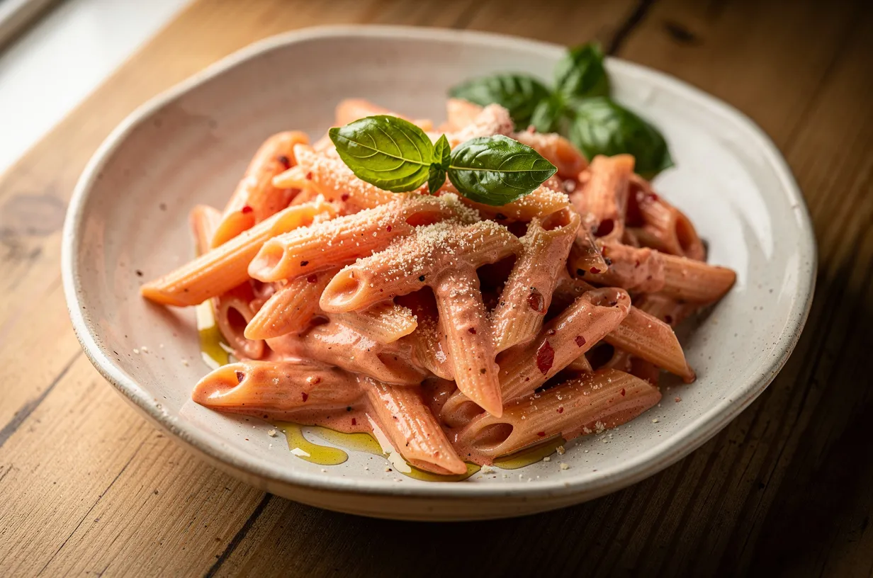 Pasta alla vodka cremosa con pomodori San Marzano e basilico