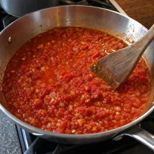 Pomodori San Marzano schiacciati che sobbollono con cipolla e aglio fino a una salsa più densa.