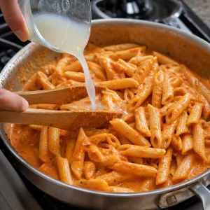 Penne scolate saltate nella salsa cremosa alla vodka con acqua di cottura per avvolgere ogni pezzo.
