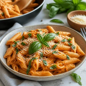 Penne alla vodka cremose finite, servite con basilico spezzettato, Parmigiano e un rametto di basilico.