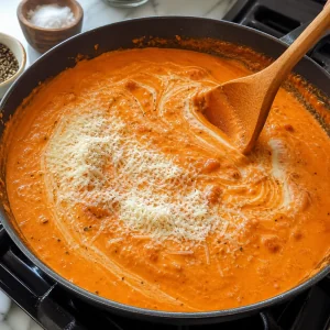 Panna e Parmigiano mescolati al sugo di pomodoro fino a renderlo lucido e rosa-arancio.