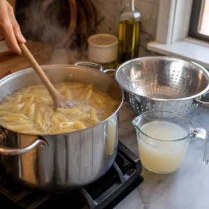 Penne in cottura in acqua salata con acqua di cottura tenuta da parte per la pasta alla vodka cremosa.
