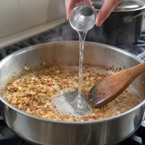 Vodka versata in padella e fatta ridurre raschiando i pezzetti dorati sul fondo.