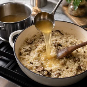 A ladle of warm broth added to mushroom risotto as it cooks.