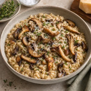 Creamy wild mushroom risotto topped with Parmesan, thyme, and golden sauteed mushrooms.