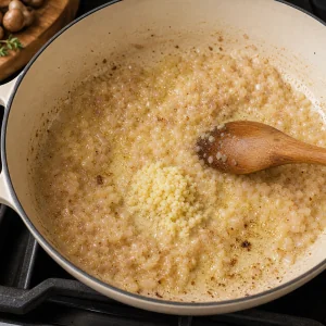 Translucent shallots cooking in butter with minced garlic added.