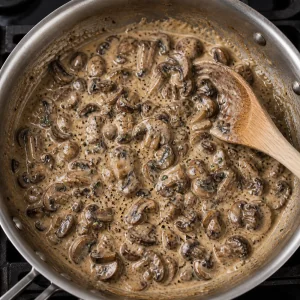 Wild mushrooms sauteed in butter until golden brown for risotto.