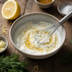 Aliño cremoso de yogur batido con ralladura de limón y pimienta