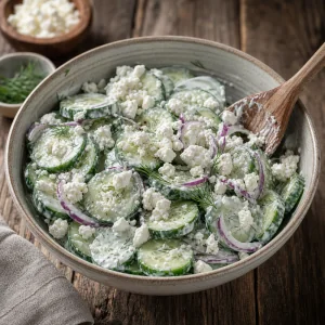 Queso feta desmenuzado mezclado en ensalada cremosa de pepino